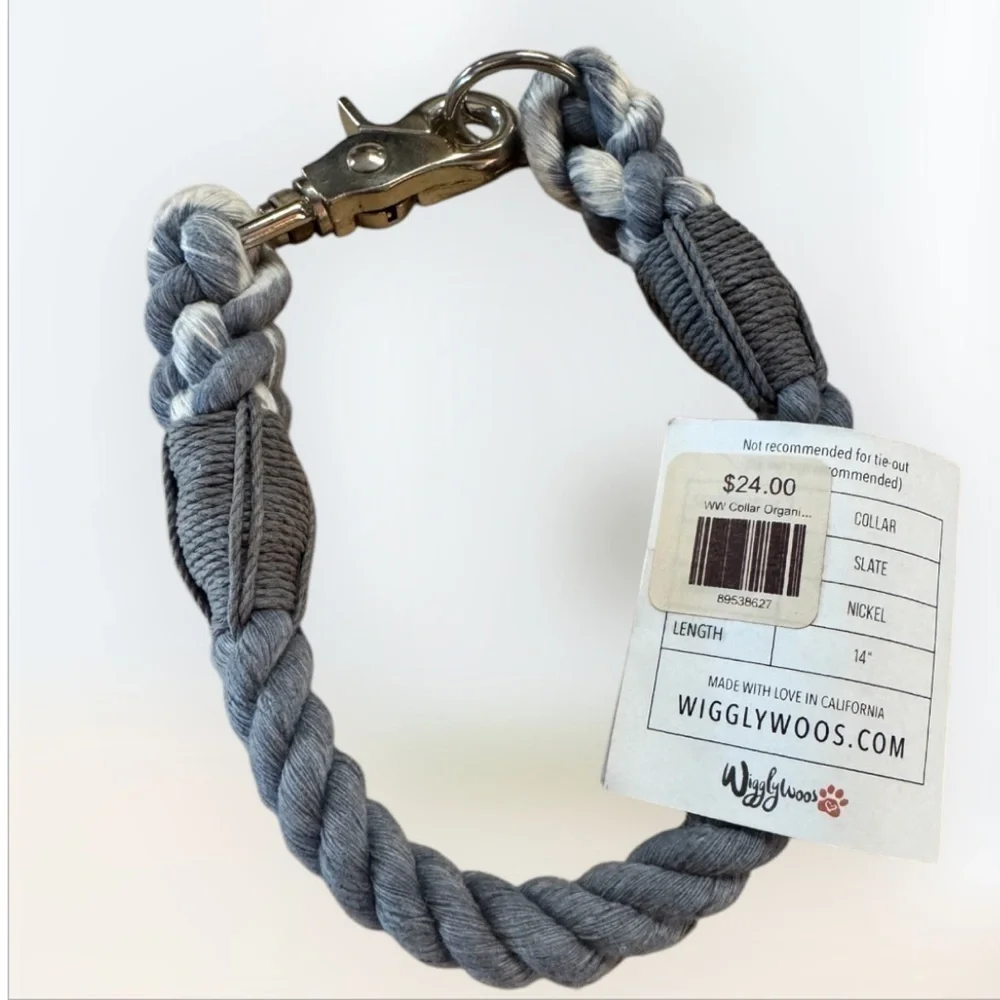 Dog Collar Cotton RopeBlue + Slate Nickel Plated 14” Wigglywoos NWT